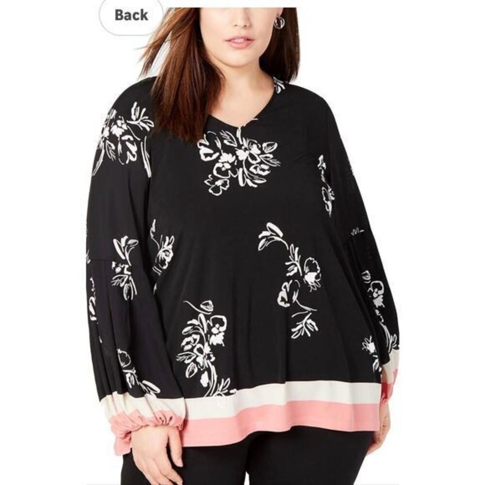 Alfani Bishop Sleeve Pullover V Neck Blouse Plus 2X Black Pink White